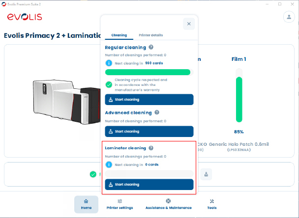 Laminator cleaning information in the driver interface